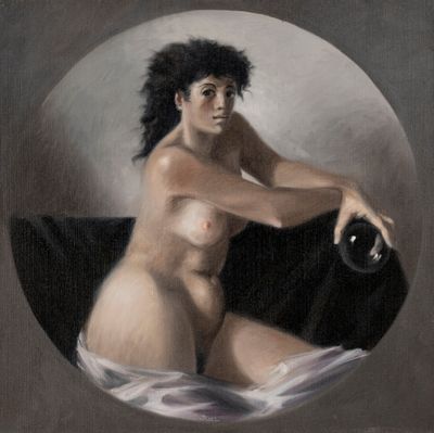 an oil painting of a nude woman holding a bottle in a circle