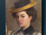 tableau représentant une femme portant un chapeau sur un fond bleu