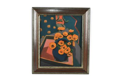 une peinture de fleurs dans un vase sur une table