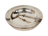 a silver plate with two spoons and a fork in it