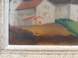 a picture of a painting of a farm in the country