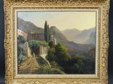 un tableau représentant un paysage avec une maison et des montagnes en arrière-plan
