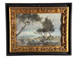 une peinture à l'huile représentant un paysage avec des arbres et des moutons au premier plan