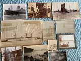 several old photos of people standing on a bed with a boat in the background