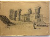 un vieux dessin représentant un homme debout devant un bâtiment