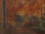 une peinture à l'huile représentant une route bordée d'arbres en automne