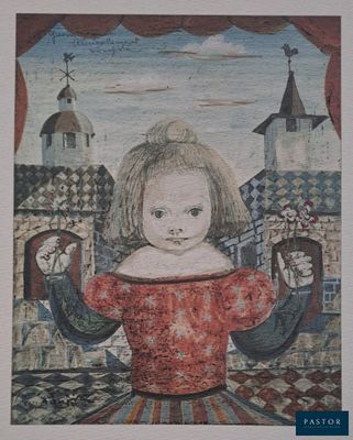 an image of a painting of a girl in a red dress