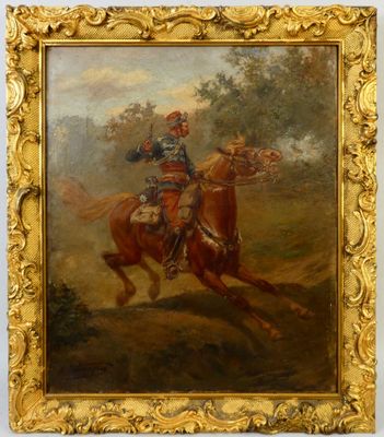 une peinture à l'huile représentant un homme à cheval dans un champ