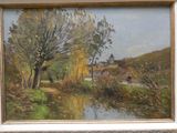 un tableau représentant un homme à cheval au bord d'une rivière