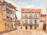 painting of a street scene with buildings and a person walking down the street
