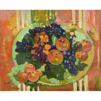 une peinture à l'huile représentant une assiette de fruits posée sur une table
