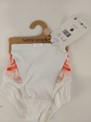 a white underwear that has a pink flower on it