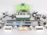 many different types of fishing equipment in this picture
