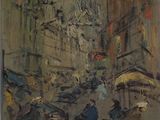 an oil painting of a city street with people walking on the sidewalk