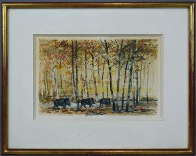tableau représentant des vaches marchant dans une zone boisée, avec des arbres en arrière-plan
