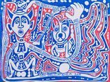 un tableau bleu et rouge représentant deux personnes avec une guitare