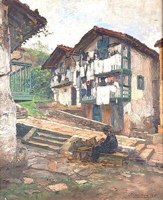a painting of a woman sitting on the ground in front of a house