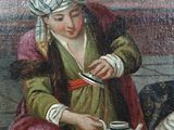 un tableau représentant une femme assise à une table avec un chat