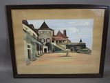 an oil painting of a courtyard with a fountain and a building