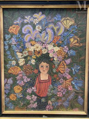 un tableau représentant une femme avec un bouquet de fleurs devant elle