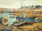 a painting of boats on the shore of a harbor