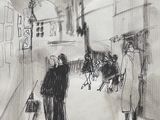 esquisses de personnes marchant dans une rue, dans un dessin en noir et blanc