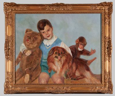 un tableau représentant un garçon, deux chiens et un ours en peluche
