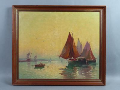 a painting of a sailboat in the water with other boats in the background