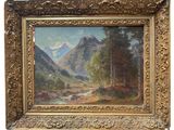 an image of a painting of a mountain scene with a river in the foreground