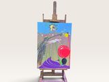 un petit chevalet sur lequel est posé un tableau représentant un oiseau