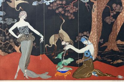 une peinture représentant une femme et un oiseau sur un paravent