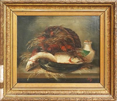 tableau représentant une nature morte avec un canard et une oie dans un saladier posé sur une table