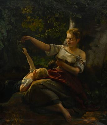 une image représentant un tableau où l'on voit une femme et un enfant dans les bois
