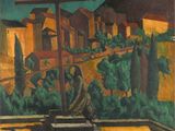 une peinture représentant une croix devant un bâtiment, avec des arbres en arrière-plan