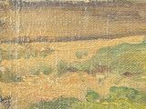 an oil painting of a horse grazing in a field near a fence