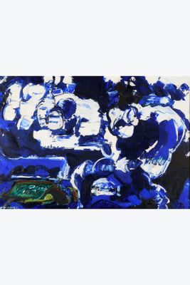 abstract painting of a group of people sitting at a table
