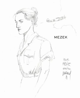 dessin représentant une femme en uniforme militaire, avec un avion en arrière-plan
