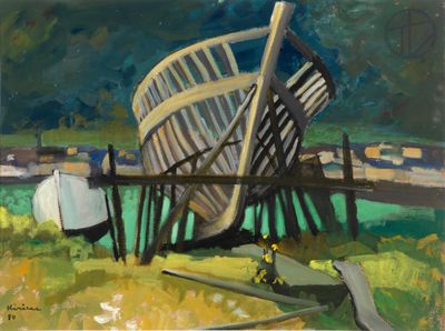 une peinture à l'huile représentant un bateau posé au milieu d'un champ verdoyant