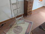 a ladder in the middle of a room with a rug on the floor