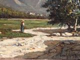 a painting of a woman walking down a dirt road