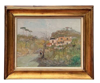une peinture à l'huile représentant une maison sur une colline, avec une rivière au premier plan