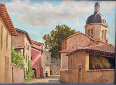 un tableau représentant une rue avec une église en arrière-plan