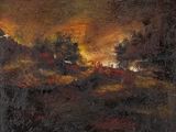 une peinture à l'huile représentant un coucher de soleil sur un champ parsemé d'arbres