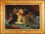 a painting of fruit on a plate on a table