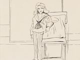 drawing of a woman sitting in a chair with a hat on her head