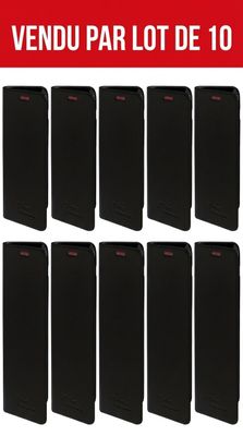 a set of ten black cell phones with red lettering on them