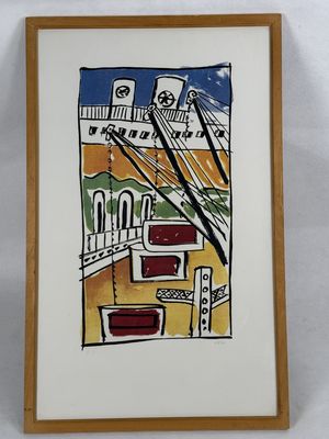 framed art print of a painting of a building with a clock on it