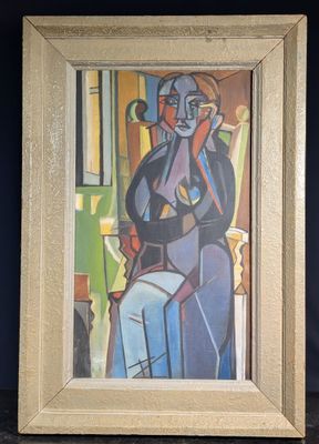 tableau représentant une femme assise sur une chaise, une tasse à la main