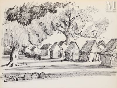 dessin représentant une scène de village avec un arbre et une route