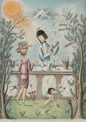 tableau représentant une femme et deux enfants dans un jardin, avec un oiseau